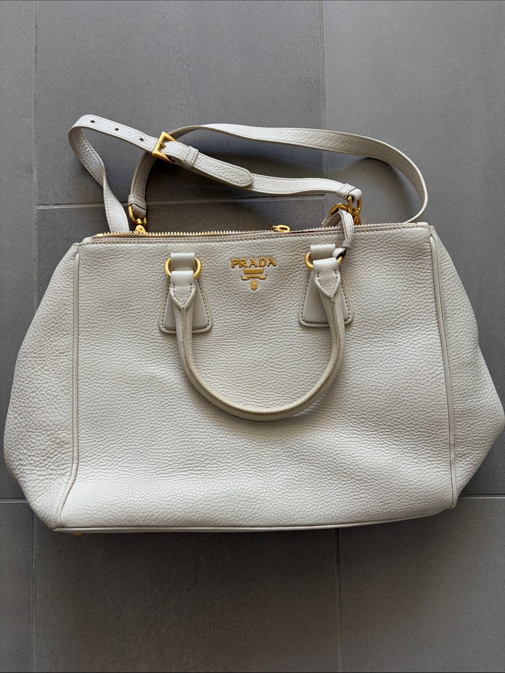 Prada Cream Pebbled Leather Satchel with Gold Hardware
